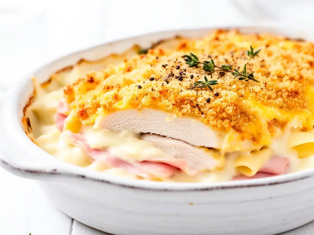 Baked Chicken Cordon Bleu Casserole Recipe Easy Creamy Comfort Meal 4 baked chicken cordon bleu casserole preparation steps