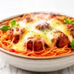 baked spaghetti and meatball casserole - featured image