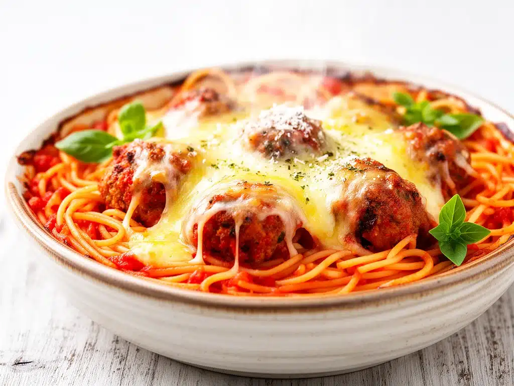 baked spaghetti and meatball casserole - featured image