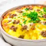 cheesy sausage and egg breakfast casserole - featured image