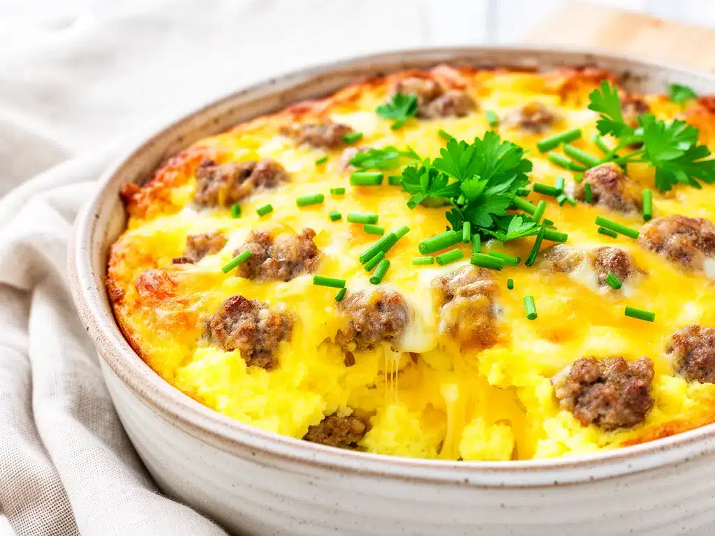 cheesy sausage and egg breakfast casserole - featured image