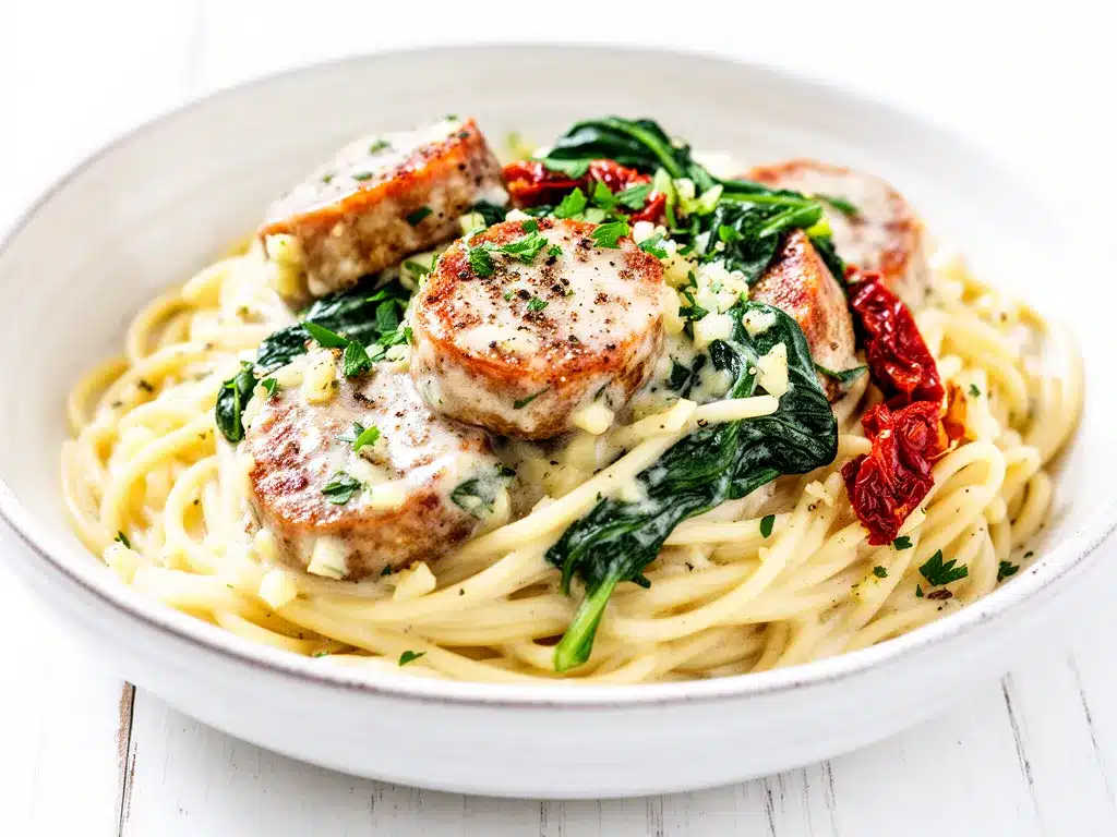 Creamy Garlic Tuscan Sausage Pasta Recipe Easy Weeknight Dinner Idea 4 creamy garlic tuscan sausage pasta preparation steps