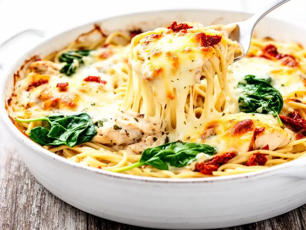 Creamy Tuscan Chicken Pasta Bake Easy Weeknight Dinner Recipe 4 creamy tuscan chicken pasta bake preparation steps