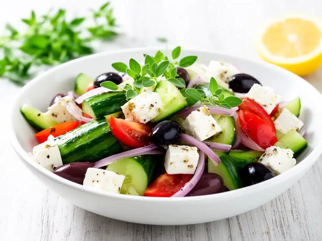 Home 6 crisp greek salad with lemon oregano dressing - featured image