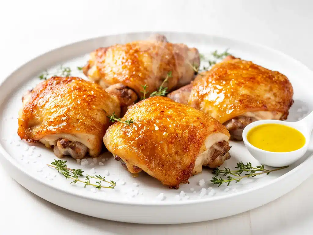 crispy honey mustard baked chicken thighs - featured image