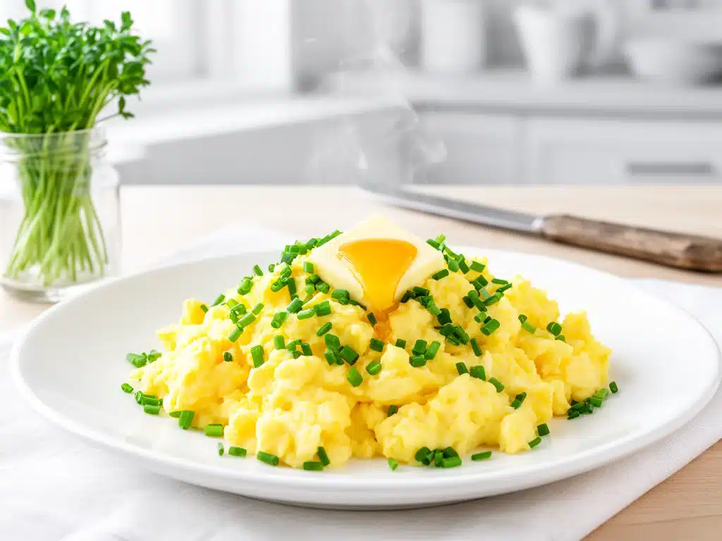 fluffy scrambled eggs with chive butter - featured image