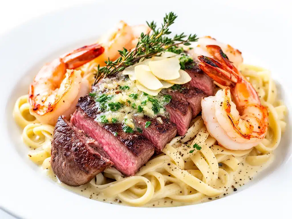 garlic butter steak and shrimp pasta - featured image