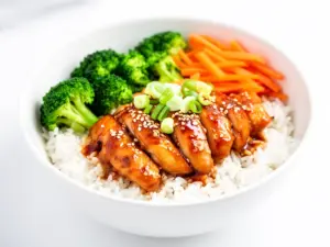 high protein teriyaki chicken rice bowl - featured image
