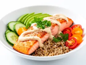 Mediterranean salmon grain bowl with tahini - featured image