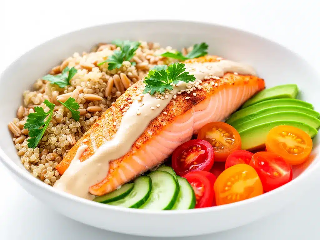 Mediterranean Salmon Grain Bowl with Tahini Easy Weeknight Recipe 4 Mediterranean salmon grain bowl with tahini preparation steps