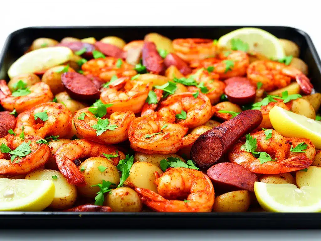 Sheet Pan Cajun Shrimp Boil with Sausage Easy Weeknight Dinner Recipe 4 Sheet Pan Cajun Shrimp Boil preparation steps
