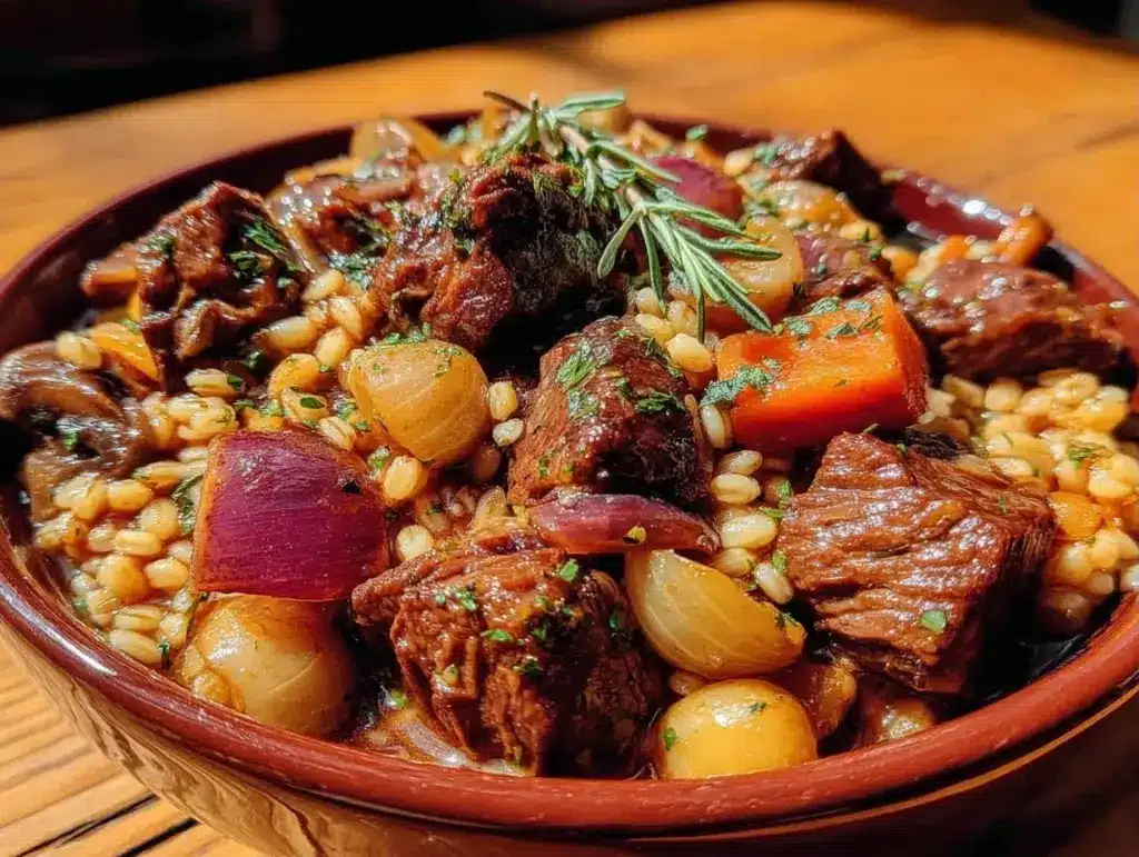 slow cooker beef and barley stew - featured image